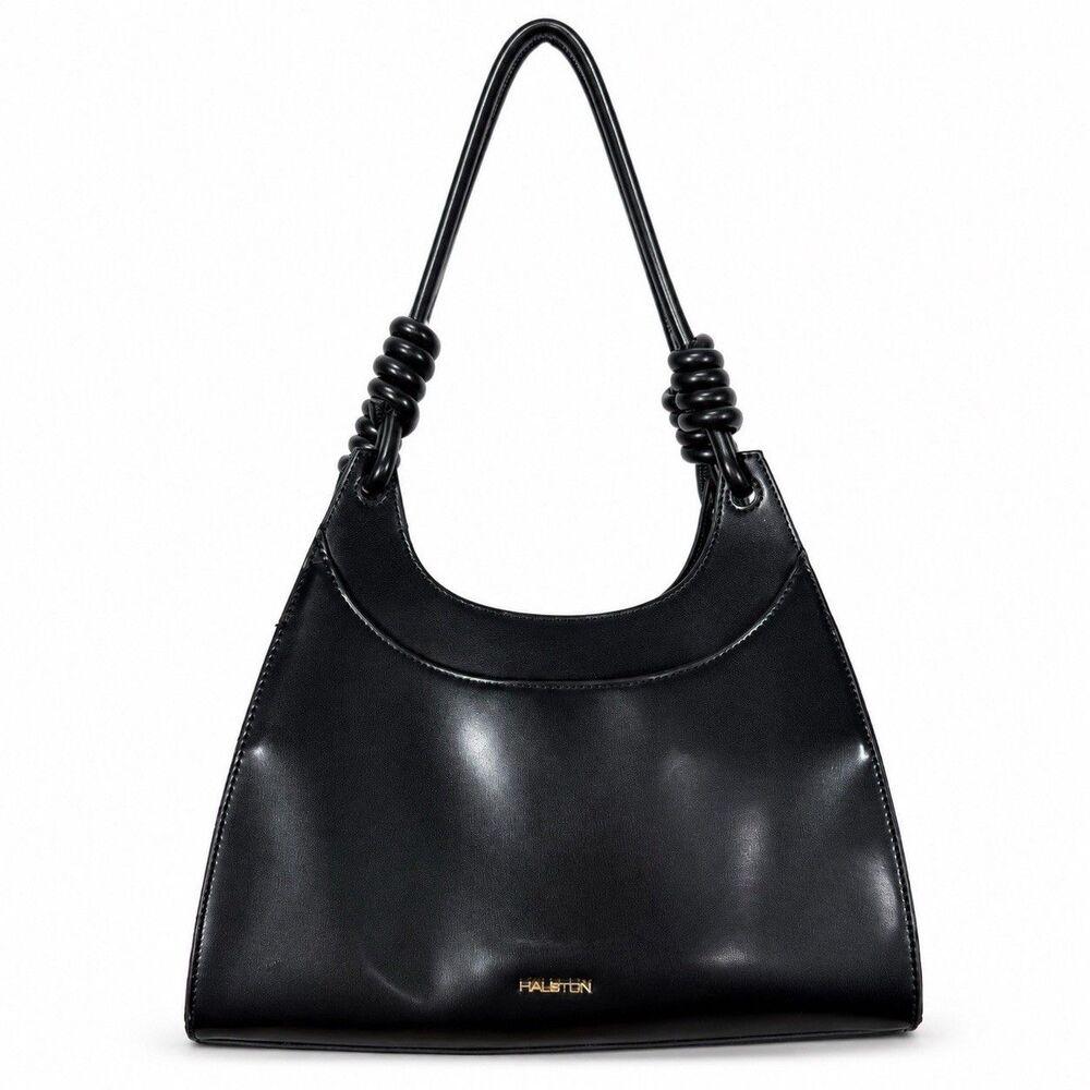 Halston Black Shoulder Bag Knotted Strap Red Lining Gold Hardware Y2K Minimalist